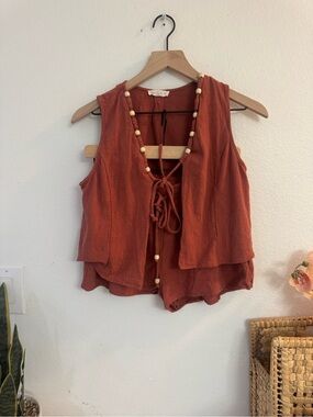 Rust Tie-Front Sleeveless Set with Bead Trim